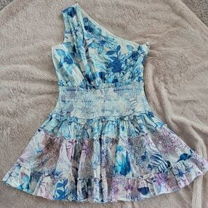 Rococo Sand One-Shoulder Floral Dress in Blue and White